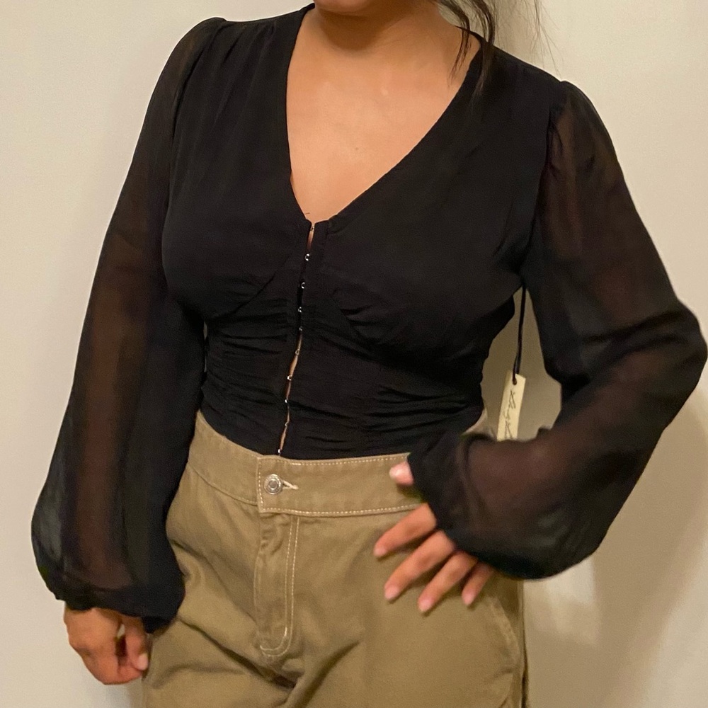 Liberty Love Black Sheer Corset Front Puff Sleeve Blouse Size M
